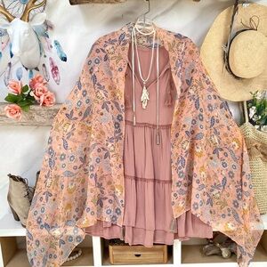 Gauzy coral floral boho scarf/body wrap w fringe prairie shabby chic vibe